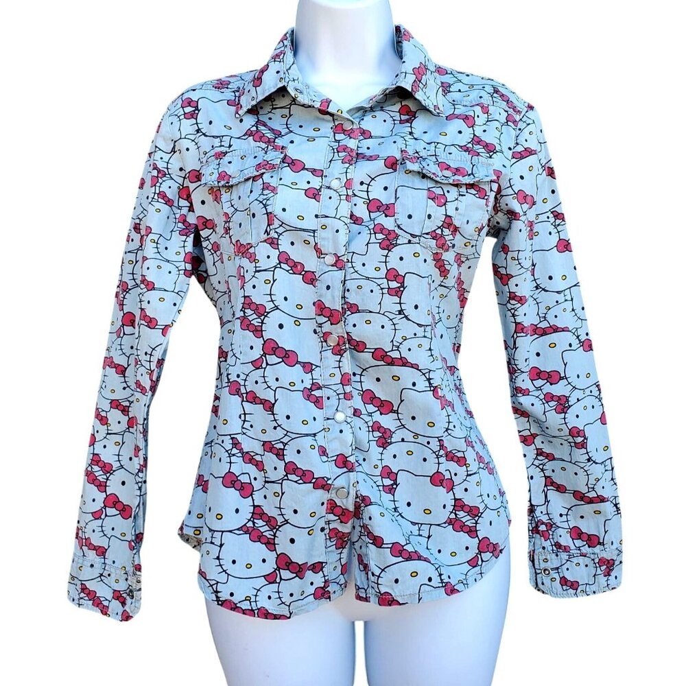 Hello Kitty Pearl Snap Shirt Cotton Long Sleeve Western Womens S Blue Gray - Picture 1 of 10